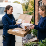 Professional UK courier safely delivering a valuable package to a customer
