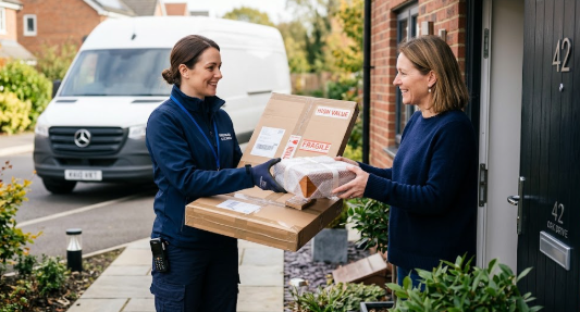 Professional UK courier safely delivering a valuable package to a customer